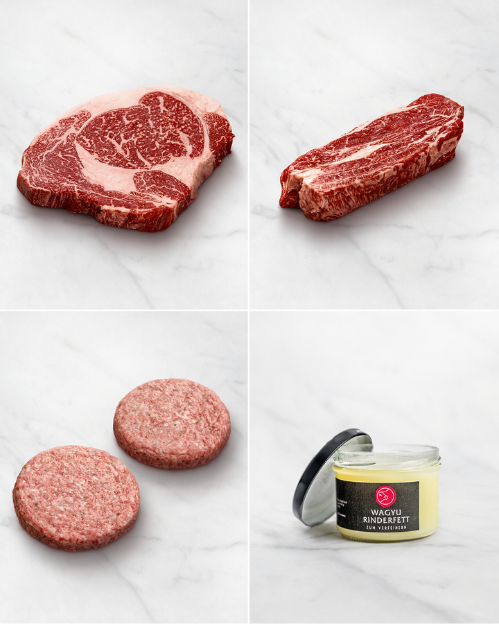 Wagyu Gourmetpaket mit Steaks, Burger und Wagyu Fett zum Verfeinern