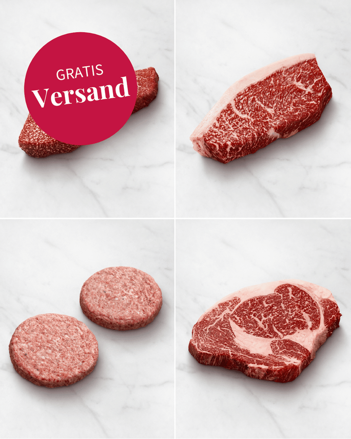 Wagyu Verwöhnpaket mit Rib Eye Steak, Picanha, Burger, Grillwurst 